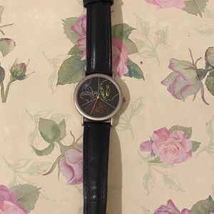 Stylish Black Leather Strap Watch Sylvester, Tweety, and Taz